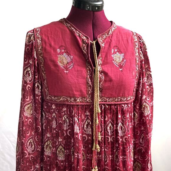 70s Adini Burgundy Boho Maxi Dress | Gold Print Empire Waist Tassel Beads Fall - Picture 12 of 16